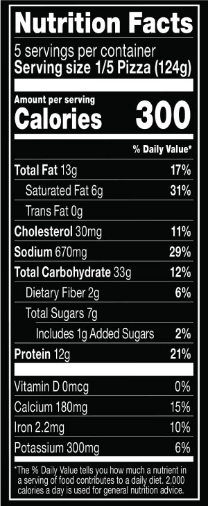 Nutrition Facts Serving Size 1/5 Pizza (124g)
			Servings per container 5
			Calories	 300
			Total Fat 13 g
			% DV 17%
			Saturated Fat 6 g
			% DV 31%
			Trans Fat 0 g
			Cholesterol 30 mg
			% DV 11%
			Sodium	670 mg
			% DV 29%
			Total Carbohydrate 33 g
			% DV 12%
			Dietary Fiber 2 g
			% DV 6%
			Total Sugars 7 g
			Added Sugars 1 g
			% DV 2%
			Protein	12 g
			% DV 21%
			Vitamin D 0 MCG
			% DV 0%
			Calcium	 180 mg
			% DV 15%
			Iron 2.2 mg
			% DV 10%
			Potassium 300 mg
			% DV 6%