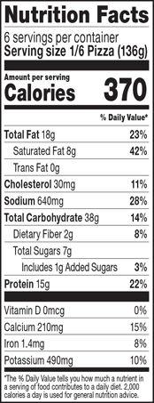 Nutrition Facts Serving Size 1/6 Pizza (136g)
				Servings per container	6
				Calories	 370
				Total Fat 18 g
				% DV 23%
				Saturated Fat 8 g
				% DV 42%
				Trans Fat 0 g
				Cholesterol 30 mg
				% DV 11%
				Sodium	640 mg
				% DV 28%
				Total Carbohydrate 38 g
				% DV 14%
				Dietary Fiber 2 g
				% DV 8%
				Total Sugars 7 g
				Added Sugars 1 g
				% DV 3%
				Protein	15 g
				% DV 22%
				Vitamin D 0 MCG
				% DV 0%
				Calcium 210 mg
				% DV 15%
				Iron 1.4 mg
				% DV 8%
				Potassium 490 mg
				% DV 10%