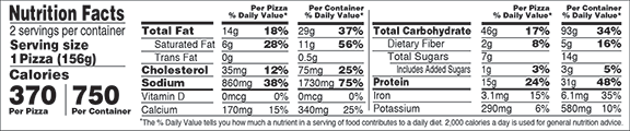 Nutrition Facts Serving Size 1 pizza (156g)
				Servings per container	2
				Calories	 370
				Total Fat 14 g
				% DV 18%
				Saturated Fat 6 g
				% DV 28%
				Trans Fa 0 g
				Cholesterol 35 mg
				% DV 12%
				Sodium	860 mg
				% DV 38%
				Total Carbohydrate 46 g
				% DV 17%
				Dietary Fiber 2 g
				% DV 8%
				Total Sugars 7 g
				Added Sugars 1 g
				% DV 3%
				Protein 15g
				% DV 24%
				Vitamin D 0 MCG
				% DV 0%
				Calcium 170 mg
				% DV 15%
				Iron 3.1 mg
				% DV 15%
				Potassium 290 mg
				% DV 6%