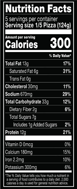 RED BARON® Classic Crust Four Meat Pizza Nutritional Information Nutrition Facts Serving Size 1/5 Pizza (124g)
Servings per container 5
Calories 300
Total Fat 13 g
% DV 17%
Saturated Fat 6 g
% DV 31%
Trans Fat 0 g
Cholesterol 30 mg
% DV 11%
Sodium 670 mg
% DV 29%
Total Carbohydrate 33 g
% DV 12%
Dietary Fiber 2 g
% DV 6%
Total Sugars 7 g
Added Sugars 1 g
% DV 2%
Protein 12 g
% DV 21%
Vitamin D 0 MCG
% DV 0%
Calcium 180 mg
% DV 15%
Iron 2.2 mg
% DV 10%
Potassium 300 mg
% DV 6%