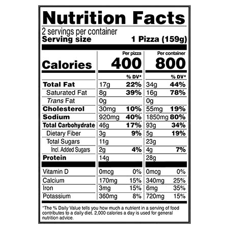 Nutrition Facts Serving Size 1 Pizza (159g)
				Servings per container 2
				Calories	 400
				Total Fat 18 g
				% DV 23%
				Saturated Fat 8 g
				% DV 40%
				Trans Fat 0 g
				Cholesterol 30 mg
				% DV 10%
				Sodium	950 mg
				% DV 41%
				Total Carbohydrate 47 g
				% DV 17%
				Dietary Fiber 3 g
				% DV 10%
				Total Sugars 11 g
				Added Sugars 2 g
				% DV 4%
				Protein	14 g
				Vitamin D 0 MCG
				% DV 0%
				Calcium 160 mg
				% DV 15%
				Iron 3 mg
				% DV 15%
				Potassium 310 mg
				% DV 6%

				Serving Size	2 Pizzas (317g)
				Servings per container	1
				Calories	 800
				Total Fat 35 g
				% DV 45%
				Saturated Fat 16 g
				% DV 80%
				Trans Fat 0.5 g
				Cholesterol 65 mg
				% DV 21%
				Sodium	1,910 mg
				% DV 83%
				Total Carbohydrate 93 g
				% DV 34%
				Dietary Fiber 5 g
				% DV 19%
				Total Sugars 23 g
				Added Sugars 4 g
				% DV 7%
				Protein	28 g
				Vitamin D 0 MCG
				% DV 0%
				Calcium 330 mg
				% DV 25%
				Iron 6.1 mg
				% DV 35%
				Potassium 620 mg
				% DV 15%
				