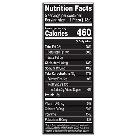 Nutrition Facts Serving Size 1 Pizza (173g)
				Servings per container	5
				Calories	 460
				Total Fat 22 g
				% DV 28%
				Saturated Fat 10 g
				% DV 50%
				Trans Fat 0 g
				Cholesterol 40 mg
				% DV 13%
				Sodium 1,130 mg
				% DV 49%
				Total Carbohydrate 48 g
				% DV 17%
				Dietary Fiber 2 g
				% DV 9%
				Total Sugars 13 g
				Added Sugars 2 g
				% DV 4%
				Protein 16 g
				Vitamin D 0 MCG
				% DV 0%
				Calcium 240 mg
				% DV 20%
				Iron 3 mg
				% DV 15%
				Potassium 390 mg
				% DV 8%