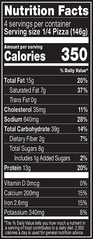 RED BARON® Classic Crust Mexican Style Pizza Nutritional Information Nutrition Facts Serving Size 1/4 Pizza (146g)
Servings per container 4
Calories 350
Total Fat 15 g
% DV 20%
Saturated Fat 7 g
% DV 37%
Trans Fat 0 g
Cholesterol 35 mg
% DV 11%
Sodium 640 mg
% DV 28%
Total Carbohydrate 39 g
% DV 14%
Dietary Fiber 2 g
% DV 7%
Total Sugars 8 g
Added Sugars 1 g
% DV 2%
Protein 13 g
% DV 20%
Vitamin D 0 MCG
% DV 0%
Calcium 200 mg
% DV 15%
Iron 2.6 mg
% DV 15%
Potassium 340 mg
% DV 8%