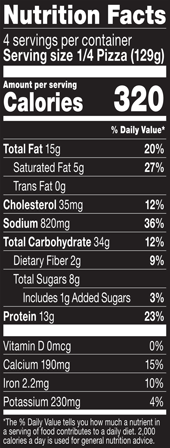 Nutrition Facts % Daily Value: Contribution of a nutrient in a serving of food to a daily diet. General nutrition advice: 2,000 calories per day. Serving Size 1/4 Pizza (129g) Servings per Container 4 Calories 320 Total Fat 15g 20% Saturated Fat 5g 27% Trans Fat 0g Cholesterol 35mg 12% Sodium 820mg 36% Total Carbohydrate 34g 12% Dietary Fiber 2g 7% Total Sugars 8g Added Sugars 1g 3% Protein 13g 23% Vitamin D 0mcg 0% Calcium 190mg 15% Iron 2.2mg 10% Potassium 230mg 4%