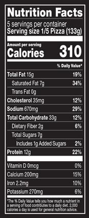 Nutrition Facts % Daily Value: Contribution of a nutrient in a serving of food to a daily diet. General nutrition advice: 2,000 calories per day. Serving Size 1/5 Pizza (133g) Servings per Container 5 Calories 310 Total Fat 15g 19% Saturated Fat 7g 34% Trans Fat 0g Cholesterol 35mg 12% Sodium 670mg 29% Total Carbohydrate 33g 12% Dietary Fiber 2g 6% Total Sugars 7g Added Sugars 1g 2% Protein 12g 22% Vitamin D 0mcg 0% Calcium 200mg 15% Iron 2.2mg 10% Potassium 270mg 6%