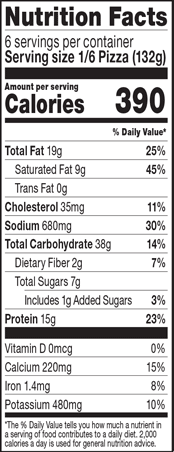 Nutrition Facts Serving Size 1/6 Pizza (132g)
				Servings per container	6
				Calories 390
				Total Fat 19 g
				% DV  25%
				Saturated Fat 9 g
				% DV 45%
				Trans Fat 0 g
				Cholesterol 35 mg
				% DV 11%
				Sodium	680 mg
				% DV 30%
				Total Carbohydrate 38 g
				% DV 14%
				Dietary Fiber 2 g
				% DV 7%
				Total Sugars 7 g
				Added Sugars 1 g
				% DV 3%
				Protein	15 g
				% DV 23%
				Vitamin D 0 MCG
				% DV 0%
				Calcium 220 mg
				% DV 15%
				Iron 1.4 mg
				% DV 8%
				Potassium 480 mg
				% DV 10%