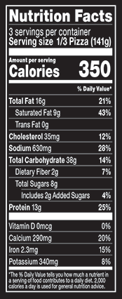 Nutrition Facts % Daily Value: Contribution of a nutrient in a serving of food to a daily diet. General nutrition advice: 2,000 calories per day. Serving Size 1/3 Pizza (141g) Servings per Container 3 Calories 350 Total Fat 16g 21% Saturated Fat 9g 43% Trans Fat 0g Cholesterol 35mg 12% Sodium 630mg 28% Total Carbohydrate 38g 14% Dietary Fiber 2g 7% Total Sugars 8g Added Sugars 2g 4% Protein 13g 25% Vitamin D 0mcg 0% Calcium 290mg 20% Iron 2.3mg 15% Potassium 340mg 8%