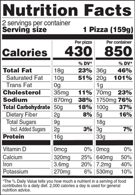 RED BARON® Singles Four Cheese Deep Dish Pizza Nutritional Information Nutrition Facts Serving Size 1 Pizza (159g)
Servings per container 2
Calories 430
Total Fat 18 g
% DV 23%
Saturated Fat 10 g
% DV 51%
Trans Fat 0 g
Cholesterol 35 mg
% DV 11%
Sodium 870 mg
% DV 38%
Total Carbohydrate 50 g
% DV 18%
Dietary Fiber 2 g
% DV 8%
Total Sugars 9 g
Added Sugars 2 g
% DV 3%
Protein 16 g
Vitamin D 0 MCG
% DV 0%
Calcium 320 mg
% DV 25%
Iron 3.6 mg
% DV 20%
Potassium 270 mg
% DV 6%
Serving Size 2 Pizzas (317g)
Servings per container 1
Calories 850
Total Fat 36 g
% DV 46%
Saturated Fat 20 g
% DV 101%
Trans Fat 1 g
Cholesterol 70 mg
% DV 23%
Sodium 1,750 mg
% DV 76%
Total Carbohydrate 100 g
% DV 37%
Dietary Fiber 5 g
% DV 16%
Total Sugars 18 g
Added Sugars 3 g
% DV 7%
Protein 33 g
Vitamin D 0 MCG
% DV 0%
Calcium 640 mg
% DV 50%
Iron 7.2 mg
% DV 40%
Potassium 530 mg
% DV 10%